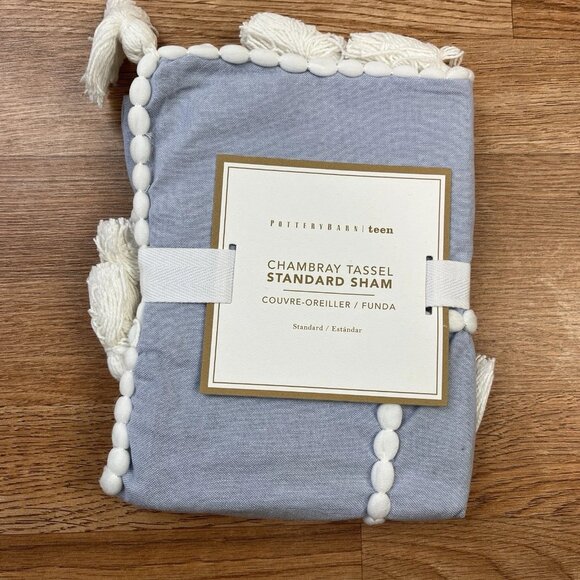 Pottery Barn Teen Chambray Tassel Chambray Pillow Sham Peri Blue/ White NEW - Picture 1 of 5